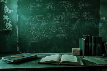 Dark green chalkboard with equations, books, and papers on a desk.