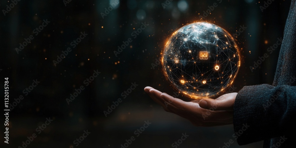 Poster hand holding a glowing sphere with network connections and data points in a dark ambient setting for