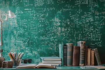 Desk with open book, pencils, glasses, and old books in front of a chalkboard filled with math equations.