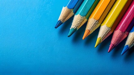 Close up of sharpened colored pencils on a blue background.