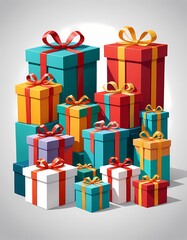 Obraz premium A pile of animated. colorful gift boxes with bows and ribbons on a white background creates a lively and festive scene.