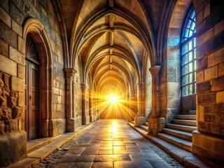 Obraz premium Sun-drenched stone hallway, architectural details highlighted by dramatic, warm light in landscape format.