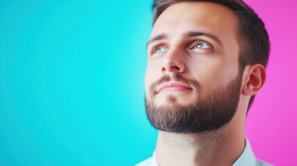 Obraz premium A young man gazes thoughtfully upwards against a vibrant blue and pink background, showcasing a stylish look with a beard and a light shirt.