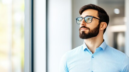 Naklejka premium A thoughtful man with glasses gazes out of a bright, modern window, exuding confidence and contemplation in a professional setting.