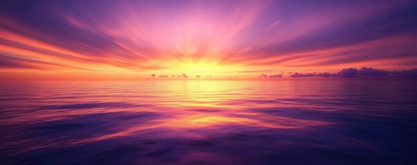 Obraz premium Serene Sunset Over Calm Waters Vibrant Purple Orange Sky Dreamy Panoramic Landscape