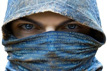 Hoody hacker cybersecurity blue computer code information securi , isolated on white background,  , copy space, copy space for text,