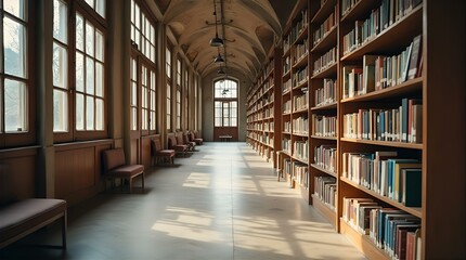 Sunlit Hallway of an Old Library with Wooden Bookshelves and Seating
