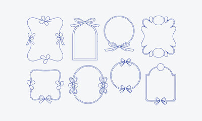 Doodle hand-drawn frames with wavy vector illustration lines, bows, and ribbons. Minimalist simple line art. trendy vintage whimsical borders for wedding invitations, easily editable.