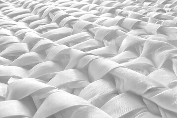 Fototapeta premium Extreme close-up macro photograph of intricately woven white fabric creating abstract pattern of curved lines and shadows, showcasing textile material detail and structure. Fabric texture concept