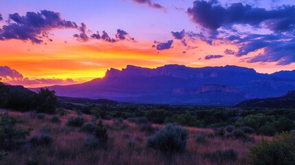 Vibrant sunset over a majestic mountain range, casting a purple and orange glow across the landscape.