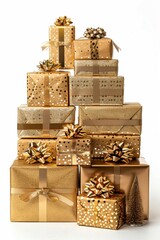 Stacked golden New Year's Eve gift boxes with ribbons Isolated on a white background. Looks festive and stylish.