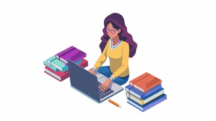 Student participating in an interactive learning session on a laptop, isolated on white for e-learning stock use