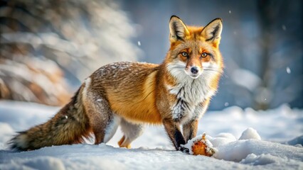 Obraz premium Winter's grip: a red fox stalks its prey in the snow. Predatory instinct showcased in stunning wildlife imagery.