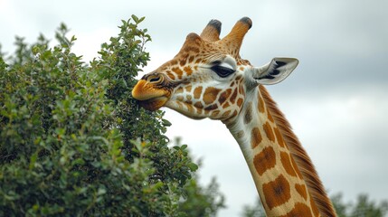 Obraz premium A giraffe reaches high into a tree to eat leaves.