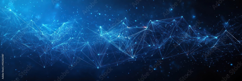 Poster futuristic abstract technology background with blue triangles and dynamic light rays