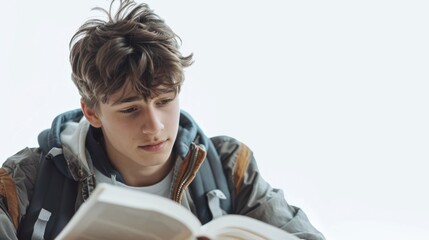Teenage boy studying from a book, isolated on white background for stock image purposes