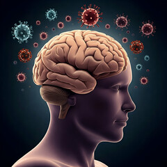 Brain surrounded by viruses in conceptual design" / "Illustrated impact of virus on human brain