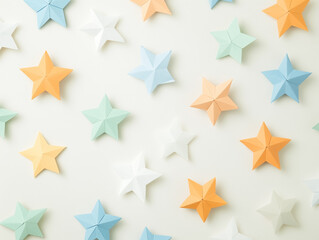 Obraz premium Origami stars made of paper on beige background with shadows. Creative New Year pattern. Flat lay