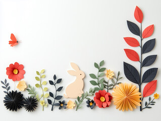 Fototapeta premium Ornate Chinese Rabbit with Paper Craft Flowers. Red and Black Lunar New Year Banner with copy-space.