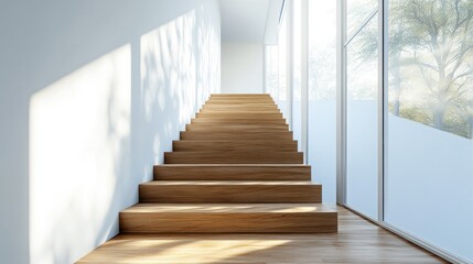 Obraz premium A modern staircase illuminated by natural light, leading to an upper level.