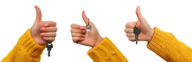High-Quality PNG female hand holding house keys and showing thumb up, over yellow background Isolated on White Background – High Resolution