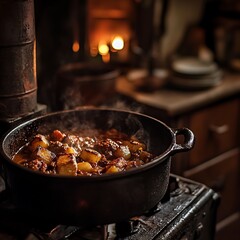 Steaming Pot Of Hearty Stew Simmering On A Wood Stove