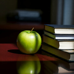 Green apple on polished desk with books" / "Minimal still life with apple and hardcover books