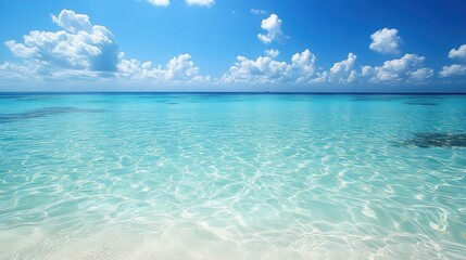 Fototapeta premium A serene view of a clear turquoise ocean under a bright blue sky with fluffy clouds.
