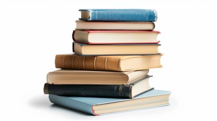 Fototapeta premium Teen studying with a stack of books and notebook, isolated on clean white background for easy editing