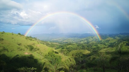 Fototapeta premium Vivid rainbow stretching across the sky after a fresh rain, set against lush green hills and a partly cloudy background, capturing the serene beauty of nature