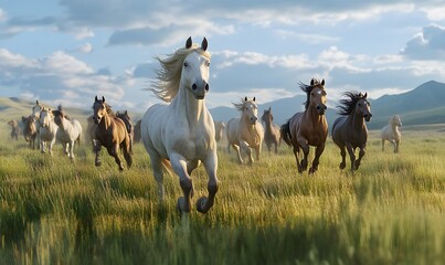 Obraz premium A group of horses running freely across a vast grassland, realistic, very detailed