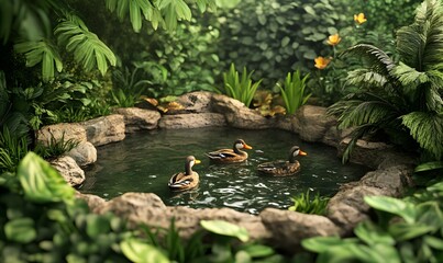 Naklejka premium A small pond with ducks swimming in it, surrounded by lush greenery, realistic, very detailed
