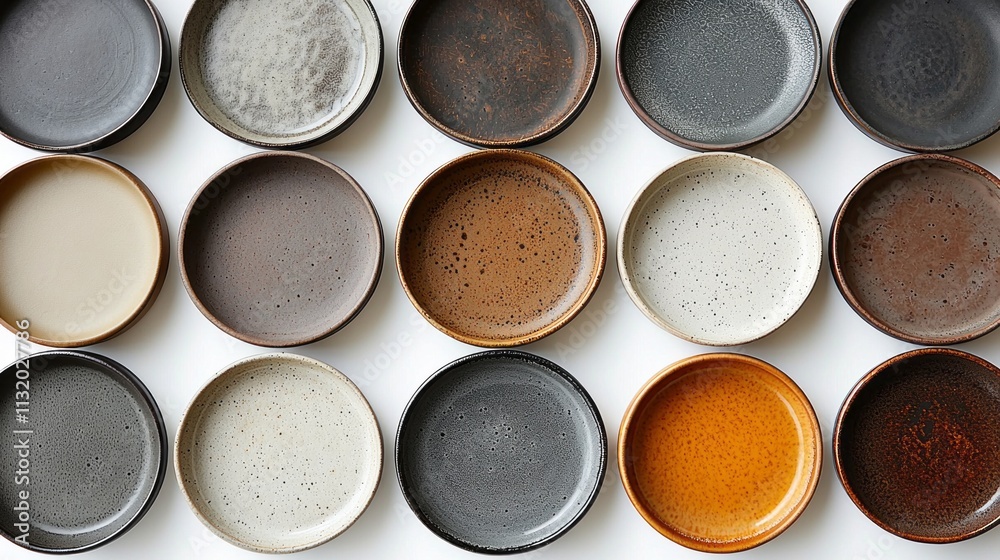Poster a collection of minimalist ceramic plates showcases a range of muted colors from dark gray to warm e