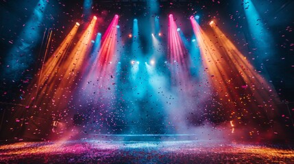 Stage with confetti falling through colorful spotlights. AI generative. .