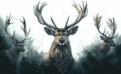 Naklejka premium Realistic Stag Illustration in Forest Chiaroscuro Lighting Dynamic Composition Art