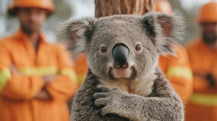 Naklejka premium A koala stands in front of workers in orange safety gear, showcasing a blend of wildlife and human activity in a vibrant environment.