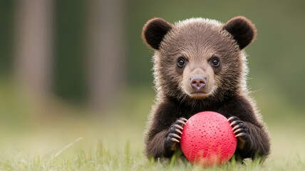 Obraz premium A playful bear cub sits on grass, holding a red ball, exuding cuteness and curiosity in a natural setting.