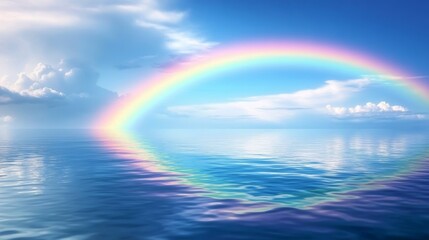 Wide, sweeping view of a rainbow over a large body of water, with soft reflections in the calm surface