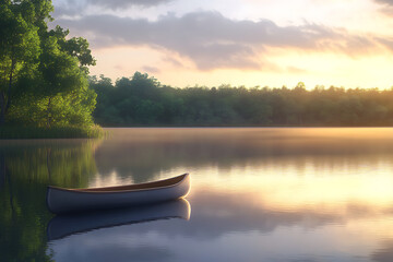 Obraz premium A serene lakeside scene with a canoe at sunrise, reflecting nature's tranquility.