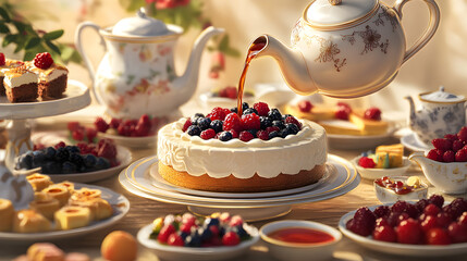 Victorian teapot pouring tea over fruitcake in lavish dessert spread. Victorian Tea Party. Illustration