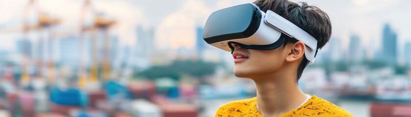 Naklejka premium Young Person Enjoying Virtual Reality Experience Outdoors with Urban Landscape in Background, Embracing Technology and Modern Entertainment Options in Sunny Environment