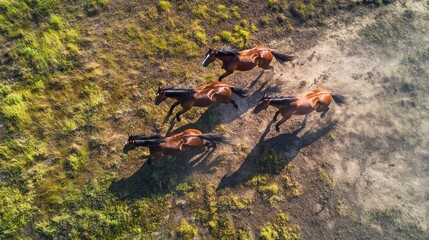 Obraz premium Aerial view of four horses running across a grassy landscape, kicking up dust.