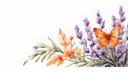 Obraz premium A delicate watercolor painting of an orange butterfly perched on a lavender flower.