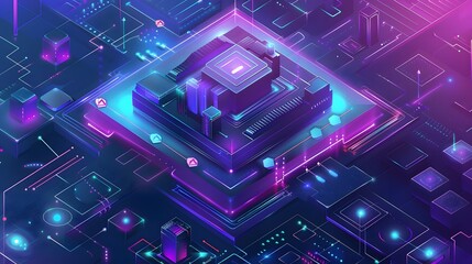 Abstract 3D digital city with neon glowing lines and geometric shapes in blue, purple, and pink colors.