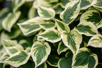 Fototapeta premium Lush green and cream variegated leaves close-up.