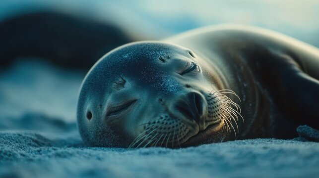 A peaceful seal resting on the sand, showcasing its serene expression in a natural setting.