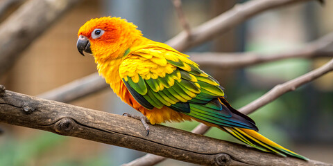 Obraz premium The bird’s stunning colors create a radiant effect, with the warm hues of orange and yellow blending beautifully with the lush green accents.