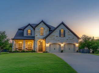 Two-story house with stone facade, lit at dusk, three-car garage, and manicured lawn.