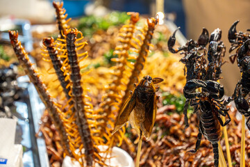 Street food vendors offer a variety of exotic insect skewers in bustling market at sunset
