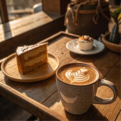  Cappuccino and cake in cozy sunlit cafe.